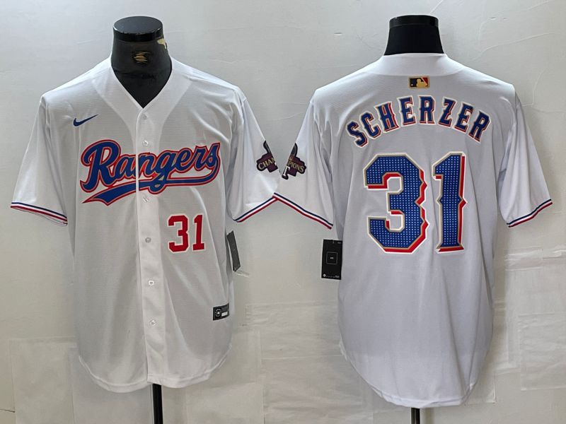 Men Texas Rangers 31 Scherzer White Champion Game Nike 2024 MLB Jersey style 2